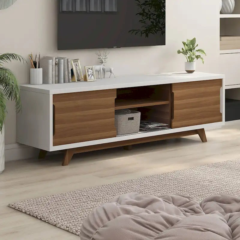 Meuble TV Denhour DH BASIC Mid-Century Modern Blanc et Noyer de 157 cm de large avec 6 étagères