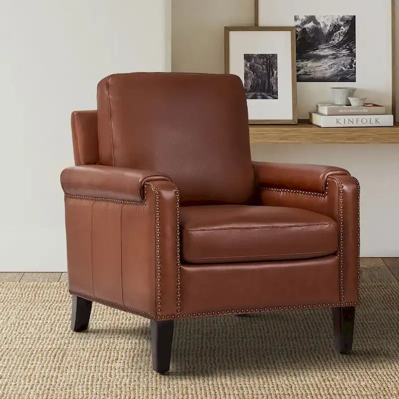 Kunz Transitional Genuine Leather Armchair with Removable Cushion and Nailhead Trims by HULALA HOME