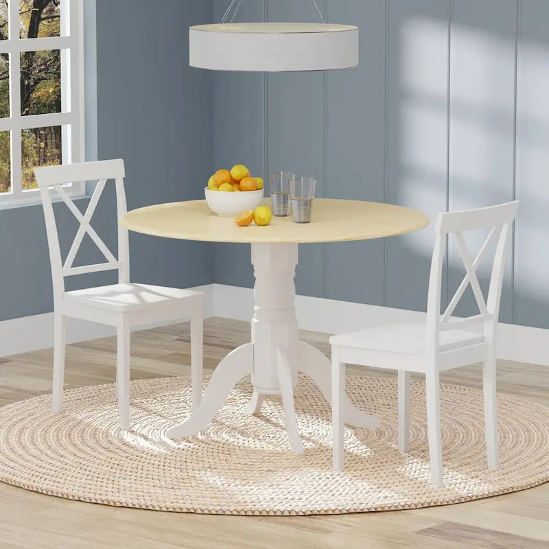 3-Piece Dining Set, 42 Round Drop-Leaf Table and X-Back Chairs