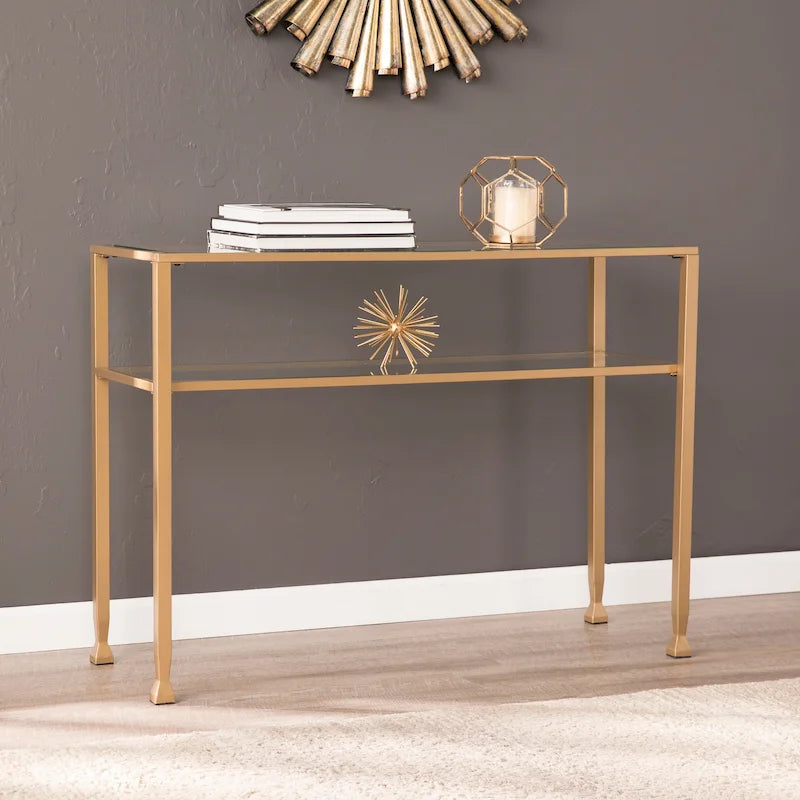 SEI Furniture Table Console Métal Or Mat avec Étagère et Plateau en Verre Trempé