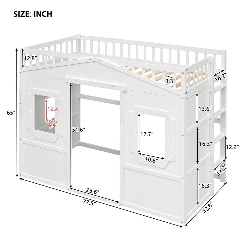 Lit cabane pour enfants, lit mezzanine double, cadre de lit mezzanine en bois massif avec fenêtre et échelle