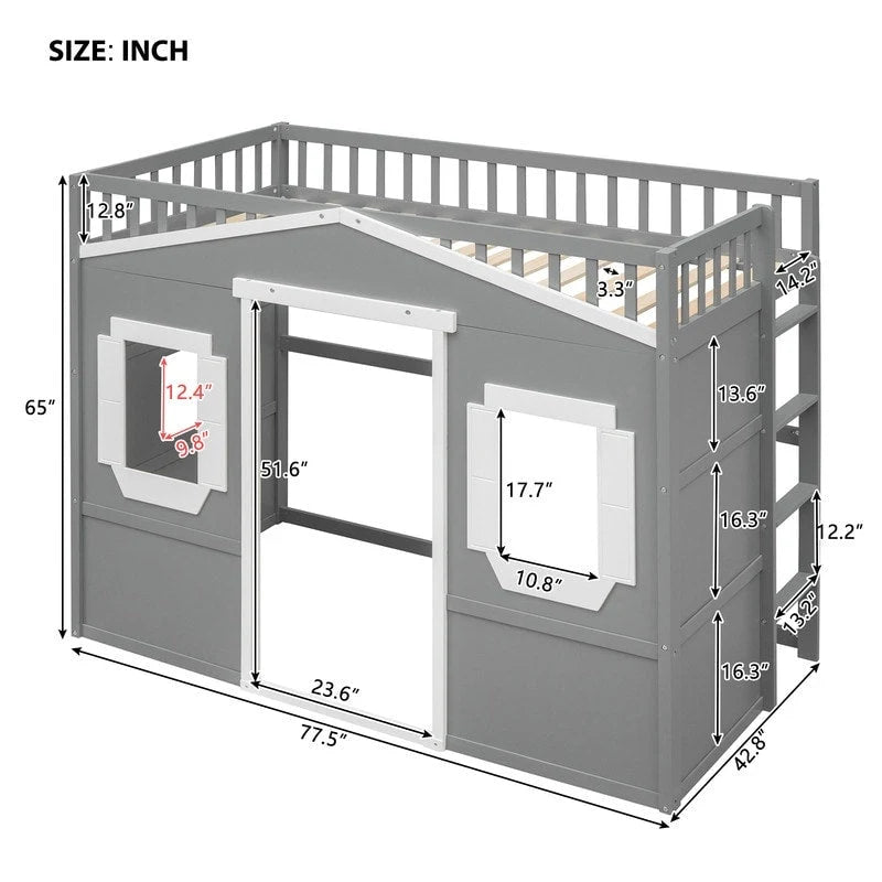 Lit cabane pour enfants, lit mezzanine double, cadre de lit mezzanine en bois massif avec fenêtre et échelle