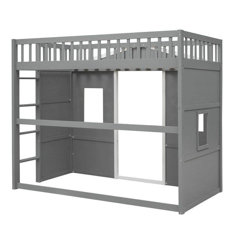Lit cabane pour enfants, lit mezzanine double, cadre de lit mezzanine en bois massif avec fenêtre et échelle