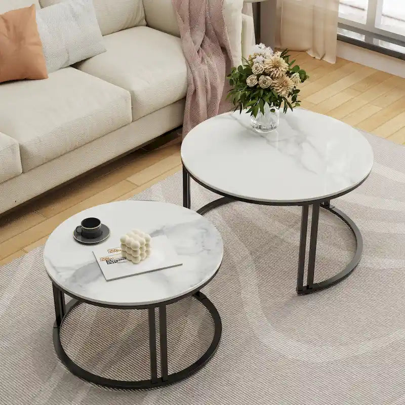 Table basse gigogne ronde en pierre frittée - Ensemble de 2