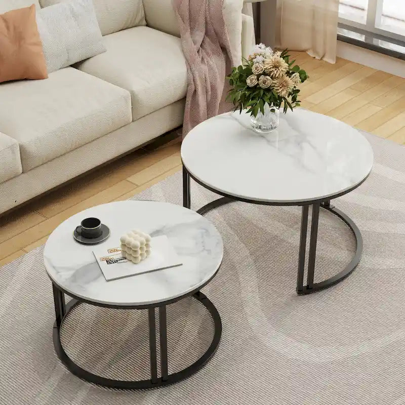 Table basse gigogne ronde en pierre frittée - Ensemble de 2