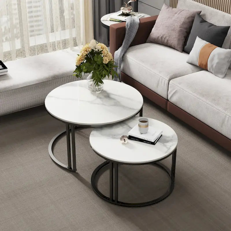 Table basse gigogne ronde en pierre frittée - Ensemble de 2