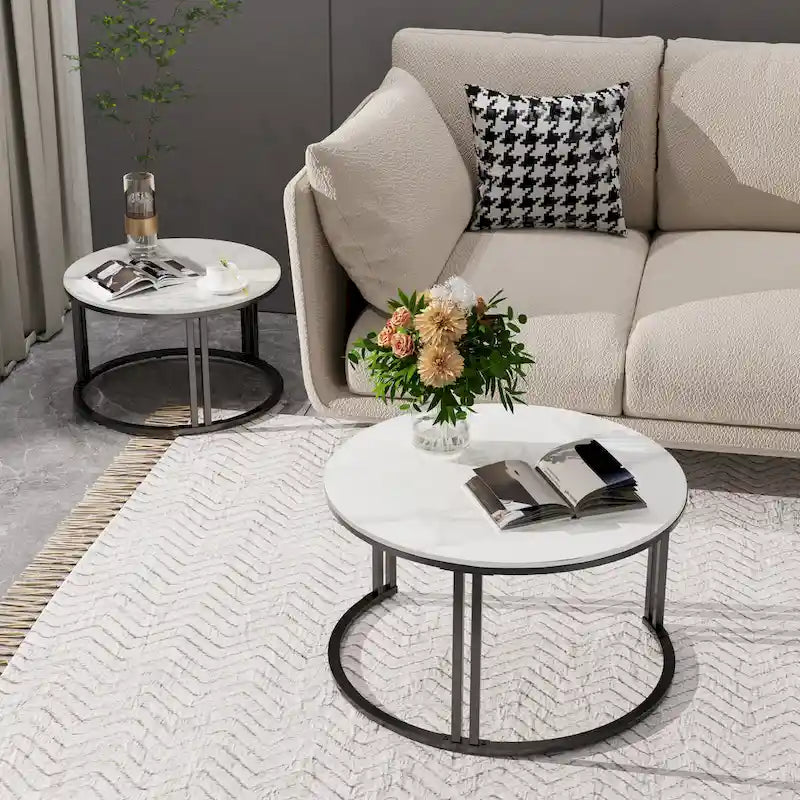 Table basse gigogne ronde en pierre frittée - Ensemble de 2