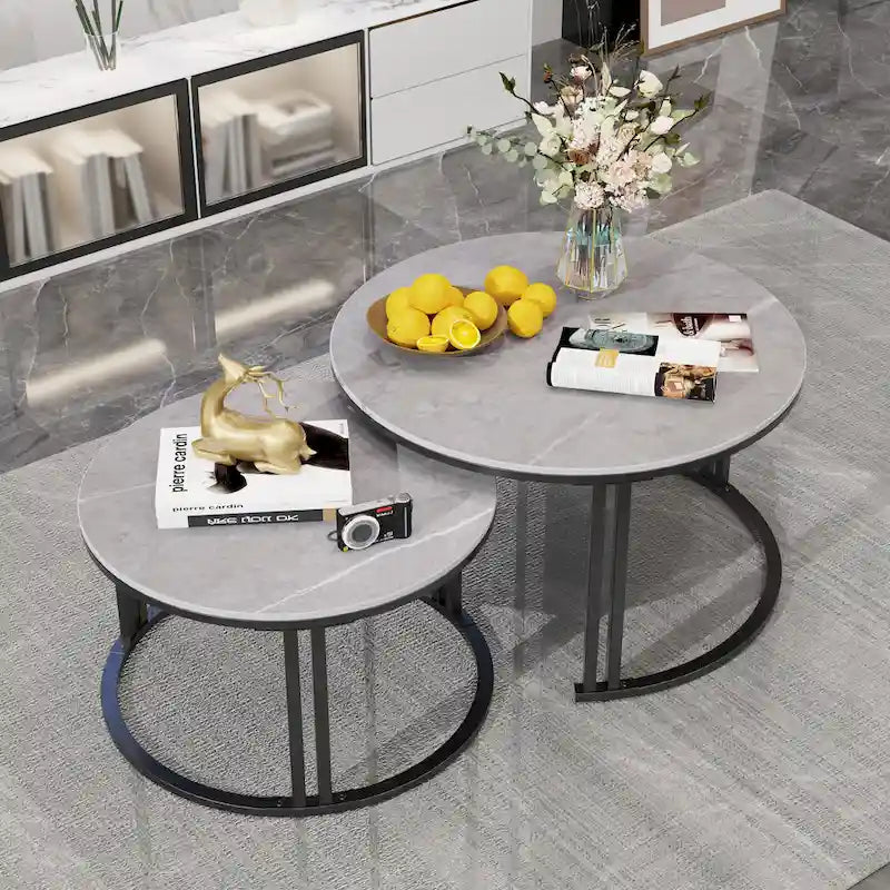 Table basse gigogne ronde en pierre frittée - Ensemble de 2