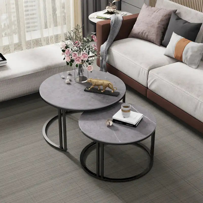 Table basse gigogne ronde en pierre frittée - Ensemble de 2