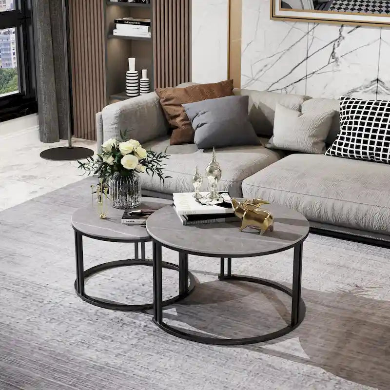 Table basse gigogne ronde en pierre frittée - Ensemble de 2