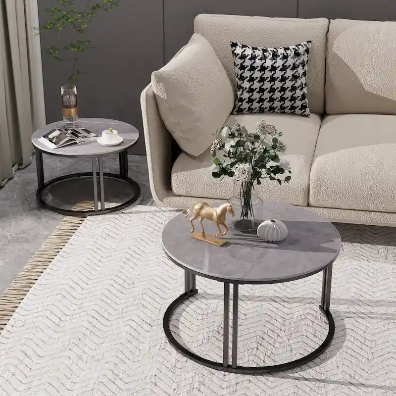Table basse gigogne ronde en pierre frittée - Ensemble de 2