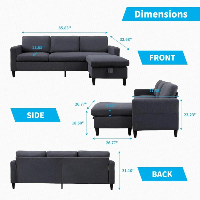 Canapé d'angle convertible 3 places Mixoy avec pouf de rangement, méridienne réversible - 85,83 po x 27,95 po x 30,71 po