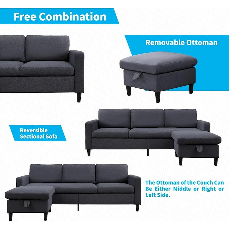Canapé d'angle convertible 3 places Mixoy avec pouf de rangement, méridienne réversible - 85,83 po x 27,95 po x 30,71 po