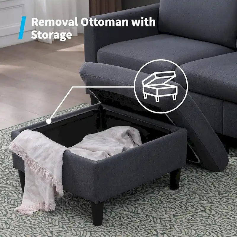 Canapé d'angle convertible 3 places Mixoy avec pouf de rangement, méridienne réversible - 85,83 po x 27,95 po x 30,71 po