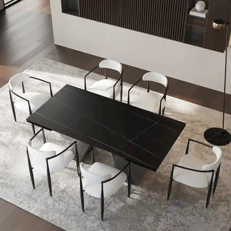 110.24 Inch Modern Minimalist 9 - Piece Extendable Sintered Stone Top Double Pedestal Dining Set