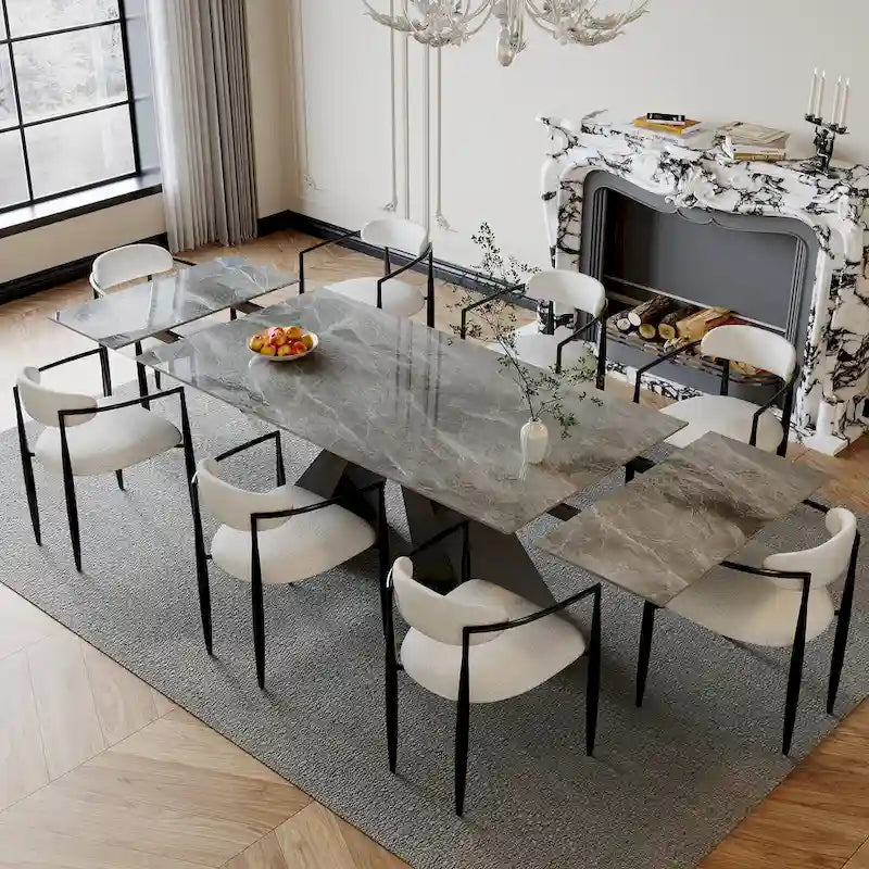 110.24 Inch Modern Minimalist 9 - Piece Extendable Sintered Stone Top Double Pedestal Dining Set