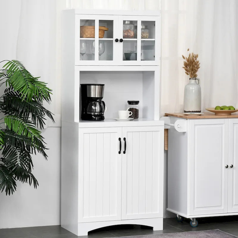 Buffet de cuisine HOMCOM avec meuble de rangement en bois et portes vitrées, et espace micro-ondes