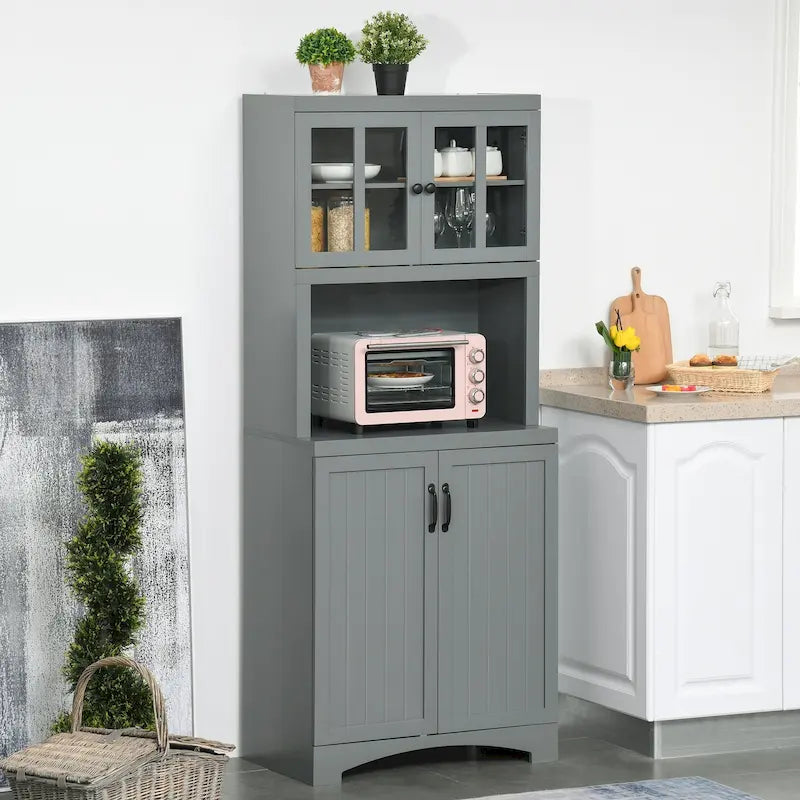 Buffet de cuisine HOMCOM avec meuble de rangement en bois et portes vitrées, et espace micro-ondes