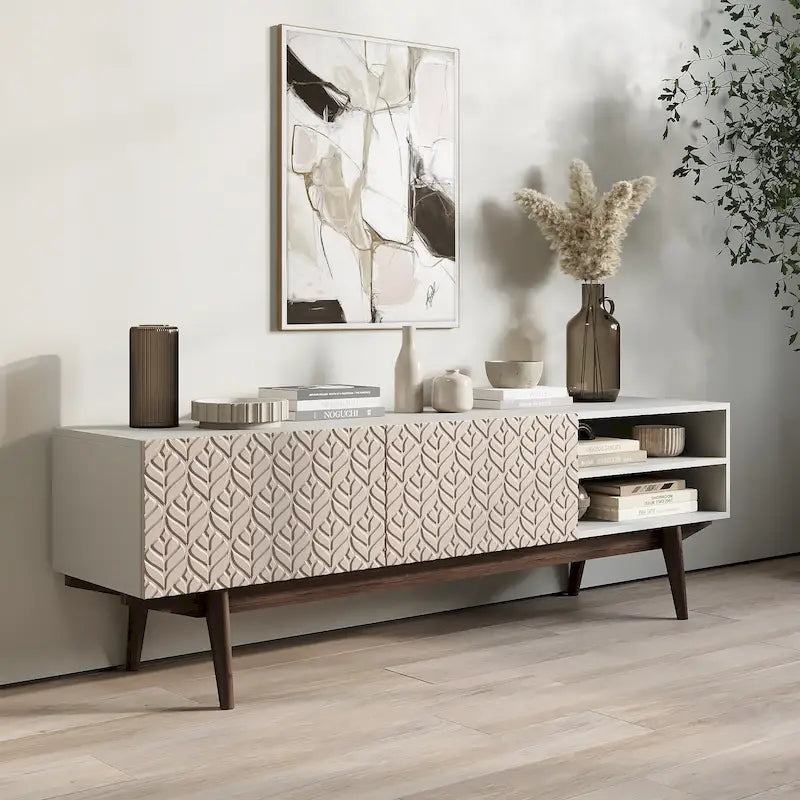 Meuble TV Living Skog Kelly pour téléviseurs jusqu'à 65 po avec pieds en bois au design scandinave moderne du milieu du siècle