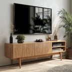 Meuble TV Living Skog Kelly pour téléviseurs jusqu'à 65 po avec pieds en bois au design scandinave moderne du milieu du siècle