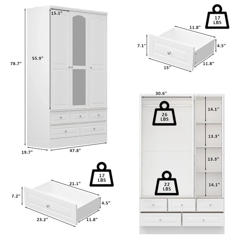 Armoires à double penderie modulaires avec miroir de façade