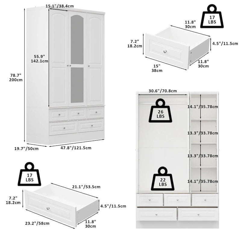Armoires à double penderie modulaires avec miroir de façade