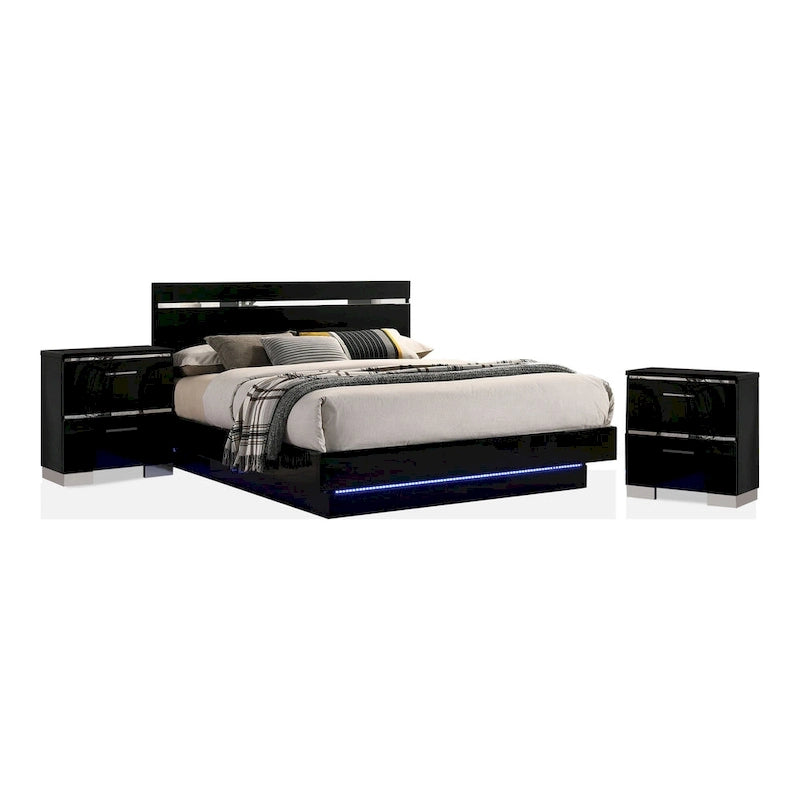 Lit plateforme 3 pièces Benvolio contemporain en bois noir avec éclairage LED et 2 tables de chevet avec port USB, par Furniture of America