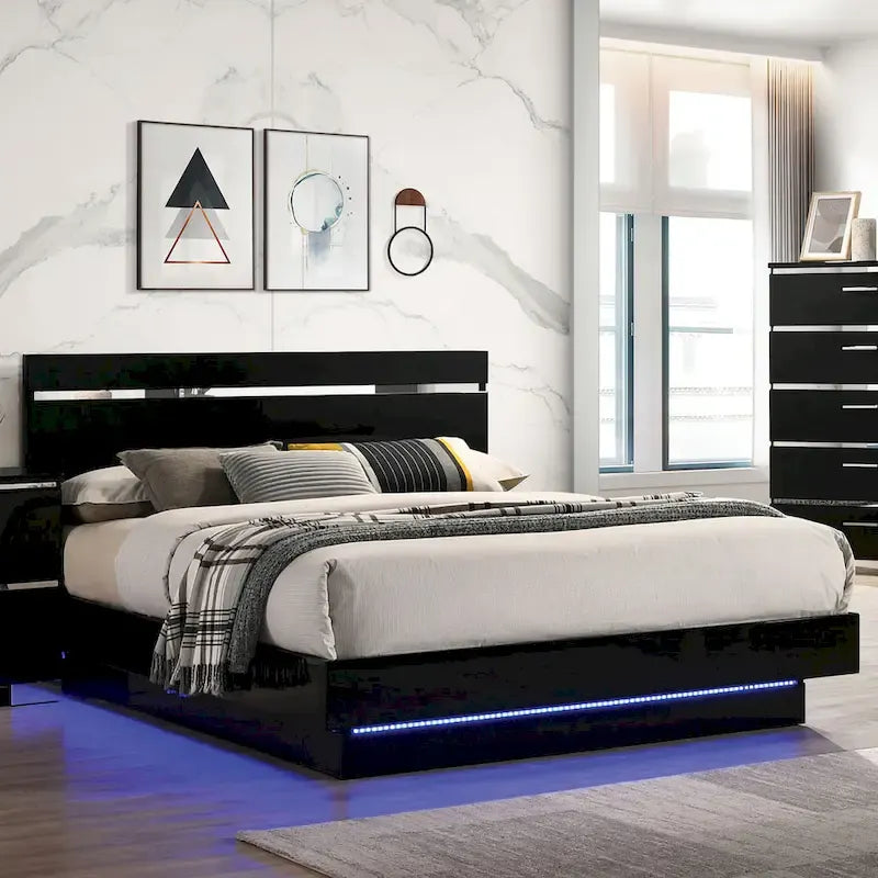 Lit plateforme 3 pièces Benvolio contemporain en bois noir avec éclairage LED et 2 tables de chevet avec port USB, par Furniture of America