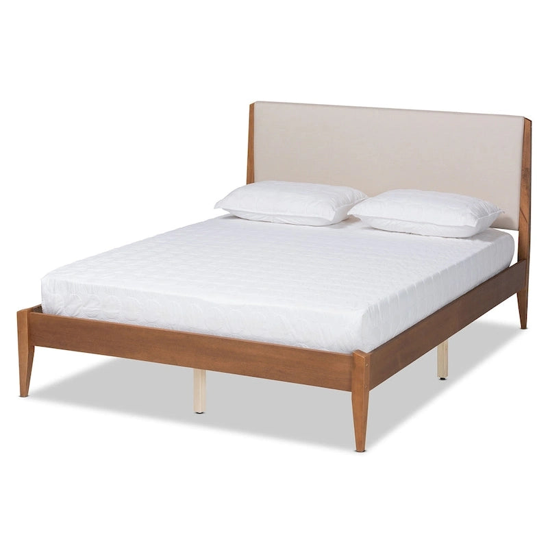Lit plateforme en bois tapissé de tissu moderne Lenora du milieu du siècle - Beige