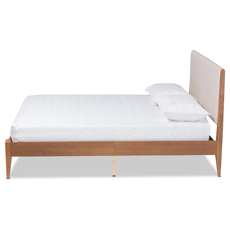Lit plateforme en bois tapissé de tissu moderne Lenora du milieu du siècle - Beige