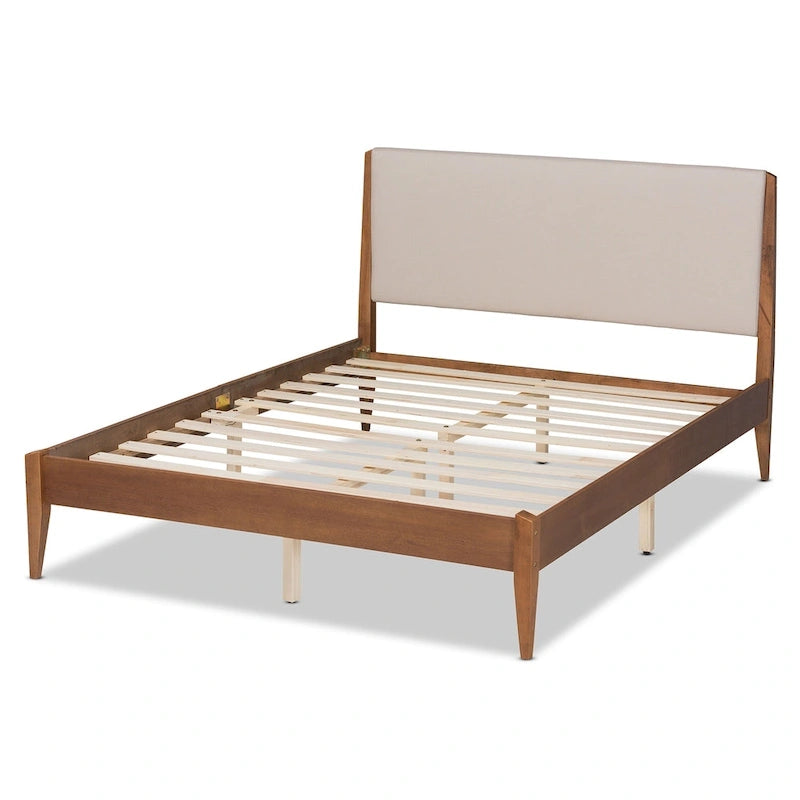 Lit plateforme en bois tapissé de tissu moderne Lenora du milieu du siècle - Beige