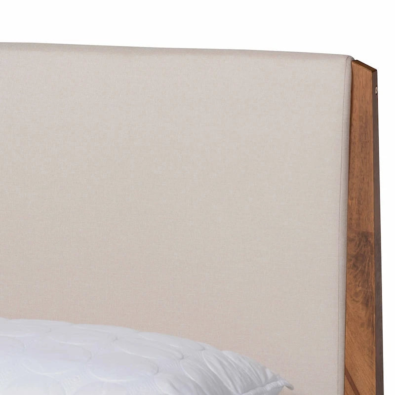 Lit plateforme en bois tapissé de tissu moderne Lenora du milieu du siècle - Beige