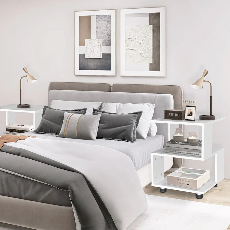 Tables de chevet modernes à 2 niveaux en forme de cube magique avec design rectangulaire creux Table de rangement contemporaine pour chambre à coucher