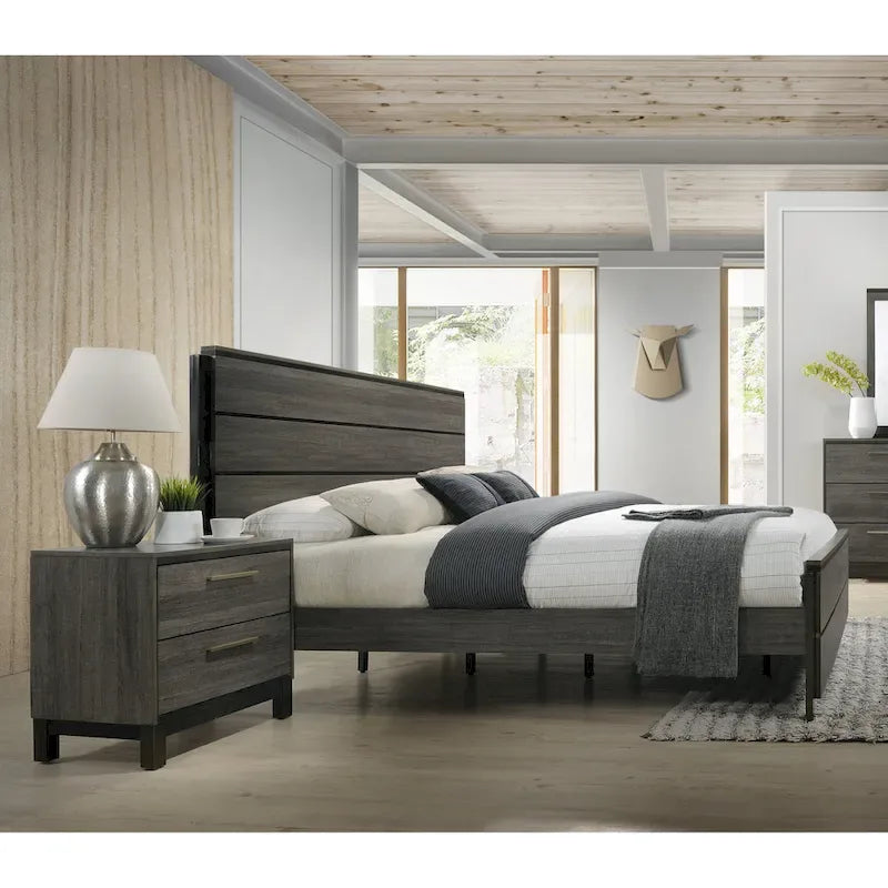 Ensemble de 3 meubles de chambre à coucher Roundhill Furniture Ioana, finition gris antique, lit à panneaux et deux tables de chevet