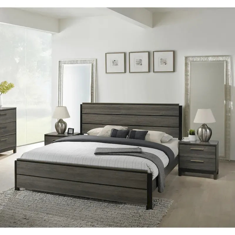 Ensemble de 3 meubles de chambre à coucher Roundhill Furniture Ioana, finition gris antique, lit à panneaux et deux tables de chevet