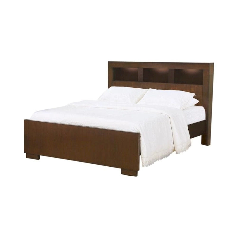 Wood Bed with Bookcase Headboard in Cappuccino
