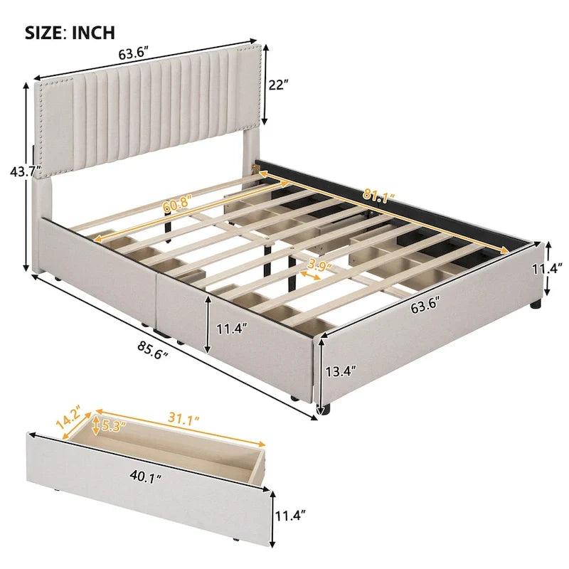 Lit plateforme rembourré Queen size