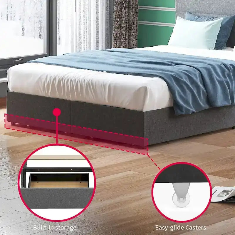 Cadre de lit Mixoy Grand lit/Très grand lit/Très grand lit californien, sans sommier tapissier, avec tête de lit, Cadre de lit plateforme rembourré pour chambre à coucher