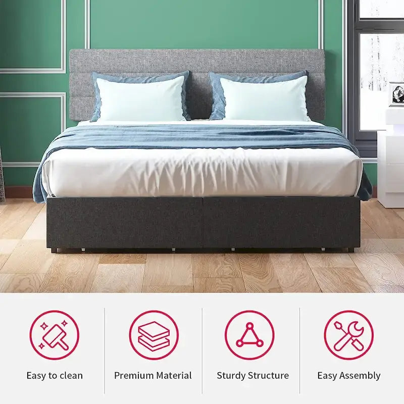 Cadre de lit Mixoy Grand lit/Très grand lit/Très grand lit californien, sans sommier tapissier, avec tête de lit, Cadre de lit plateforme rembourré pour chambre à coucher