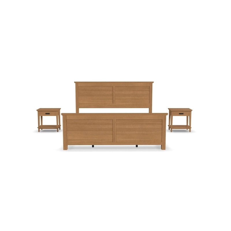 Lit King en bois brun Oak Park et deux tables de chevet
