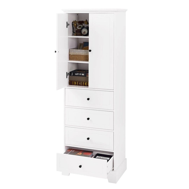 Meuble de rangement pour salle de bain avec 2 portes et 4 tiroirs, étagère réglable, panneau MDF peint
