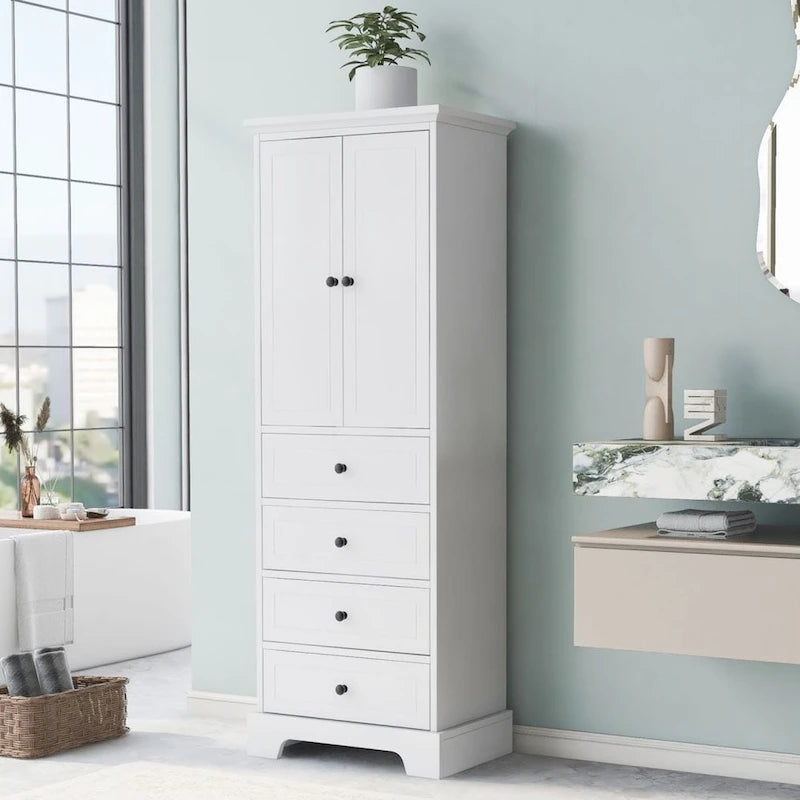 Meuble de rangement pour salle de bain avec 2 portes et 4 tiroirs, étagère réglable, panneau MDF peint