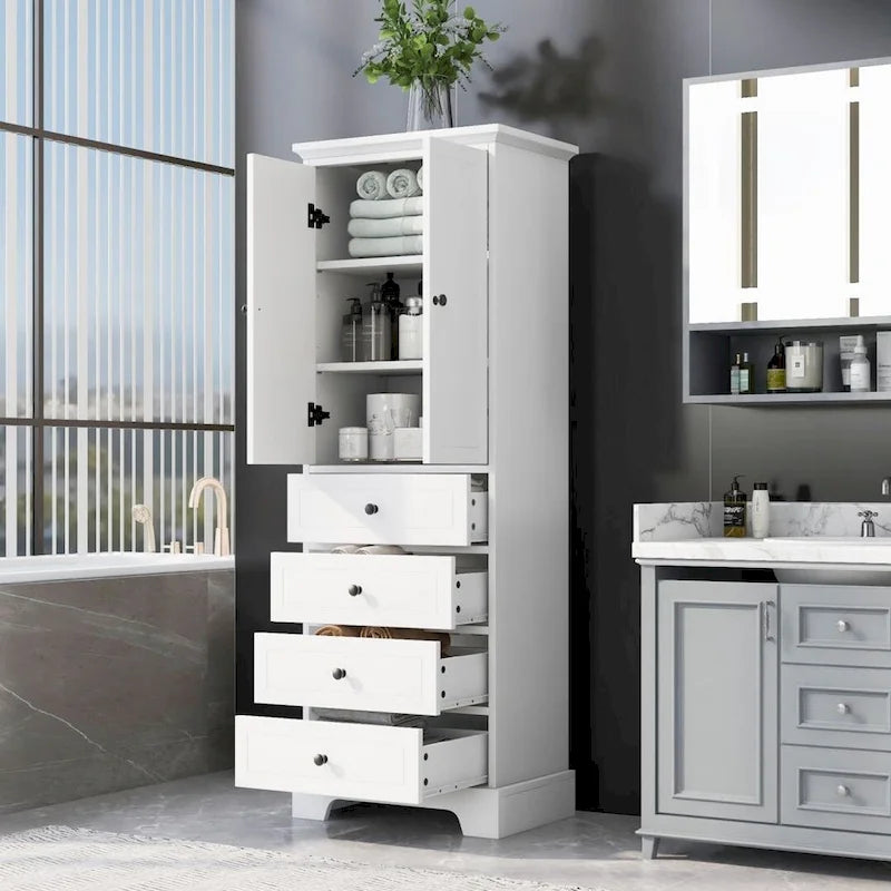Meuble de rangement pour salle de bain avec 2 portes et 4 tiroirs, étagère réglable, panneau MDF peint