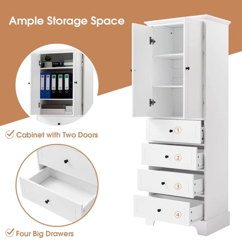Meuble de rangement pour salle de bain avec 2 portes et 4 tiroirs, étagère réglable, panneau MDF peint