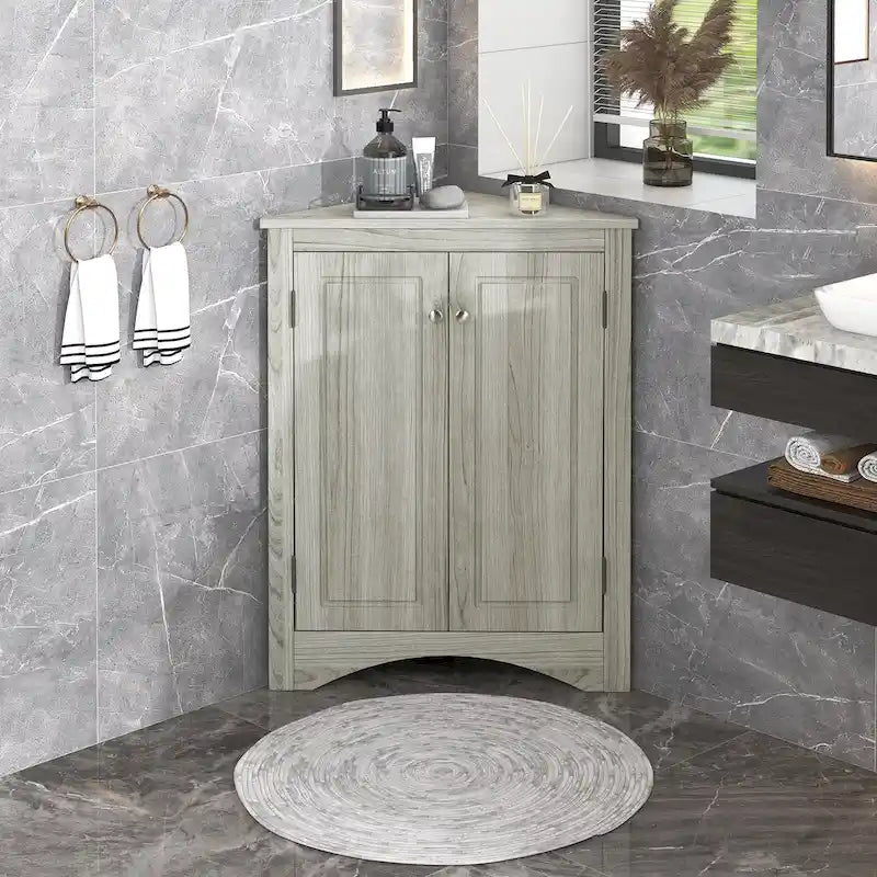White Triangle Bathroom Storage Cabinet with Adjustable Shelves - 17.2W x 17.2D x 31.5H