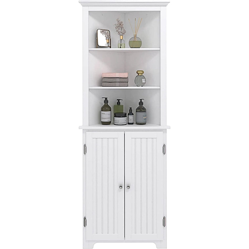 Armoire d'angle haute UTEX, Meuble de rangement d'angle sur pied avec portes et étagères réglables