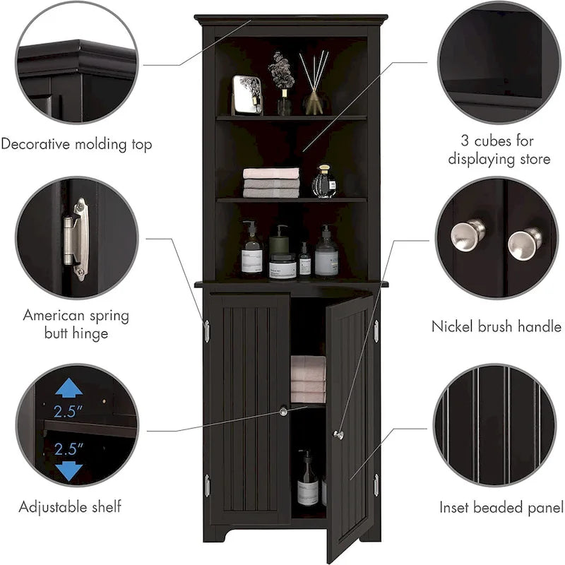 Armoire d'angle haute UTEX, Meuble de rangement d'angle sur pied avec portes et étagères réglables