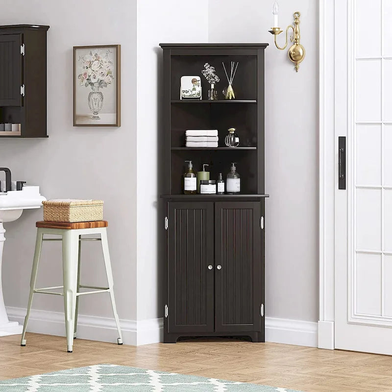 Armoire d'angle haute UTEX, Meuble de rangement d'angle sur pied avec portes et étagères réglables