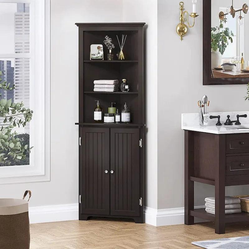 Armoire d'angle haute UTEX, Meuble de rangement d'angle sur pied avec portes et étagères réglables