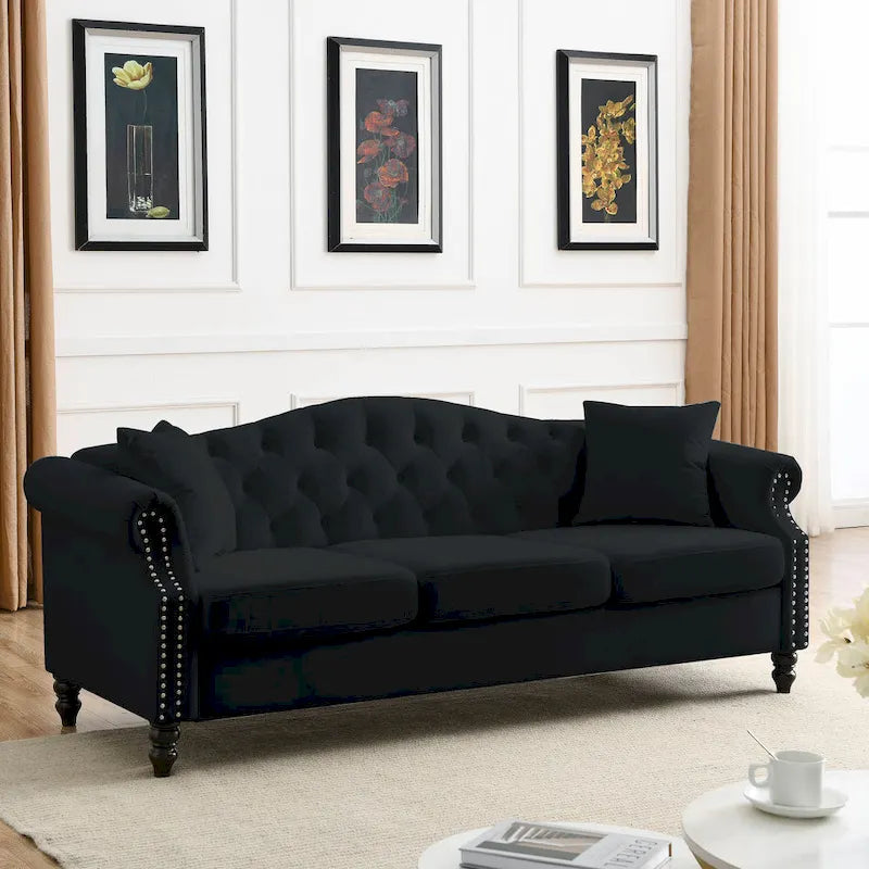 [Video] 79 Chesterfield Sofa Black Velvet for Living Room, 3 Seater Sofa Tufted Couch with Rolled Arms and Nailhead for Living